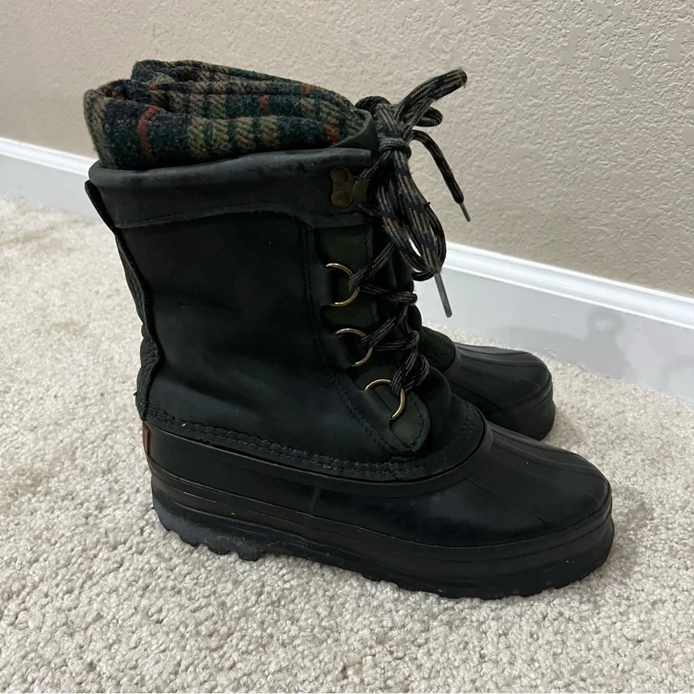 Sorel Women Lace Up Mid Calf Winter Snow Boots Green Plaid Suede Rubber Size 6,